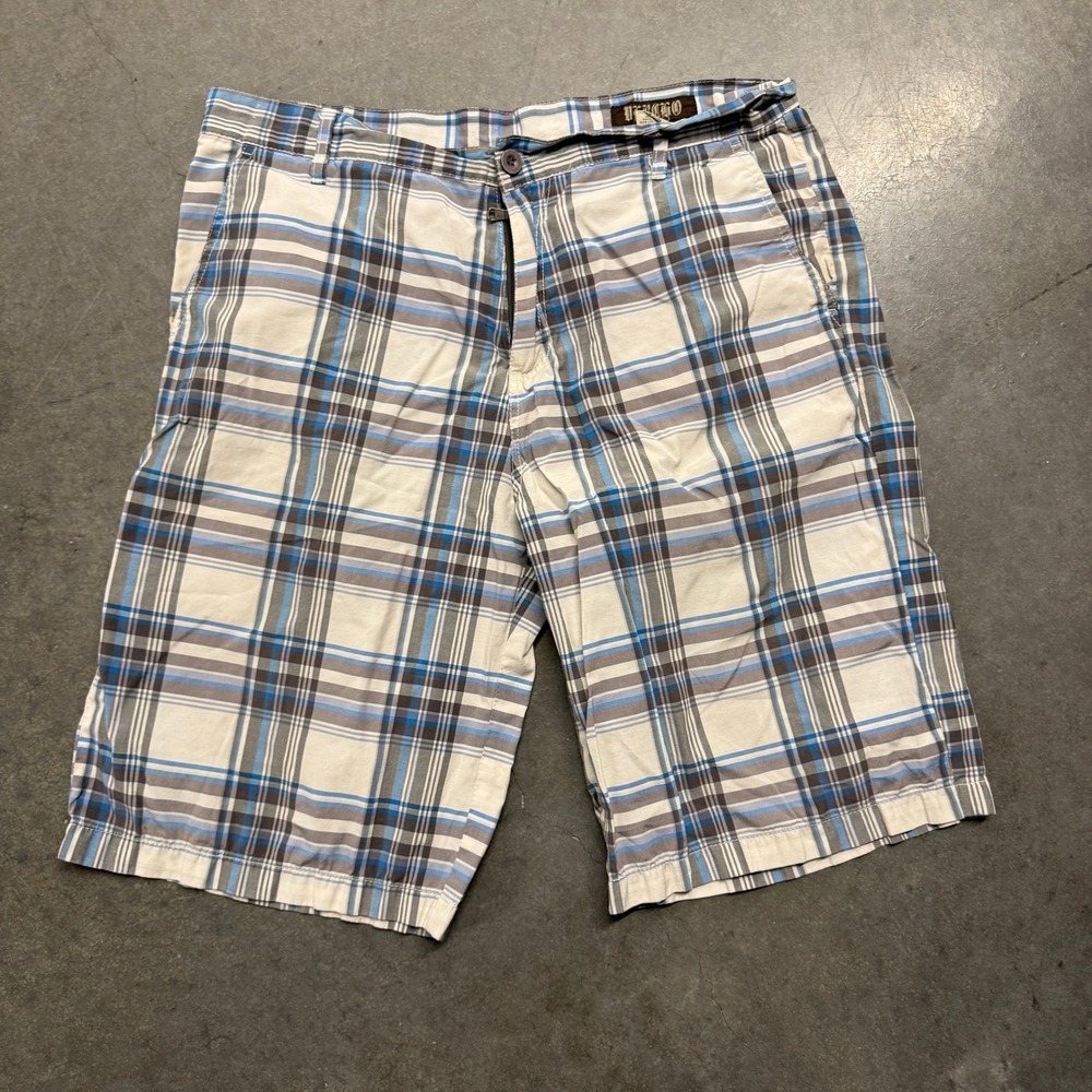 Vercho Mens Plaid Front Shorts Blue Grey White Size 36 Casual Utility Pocket